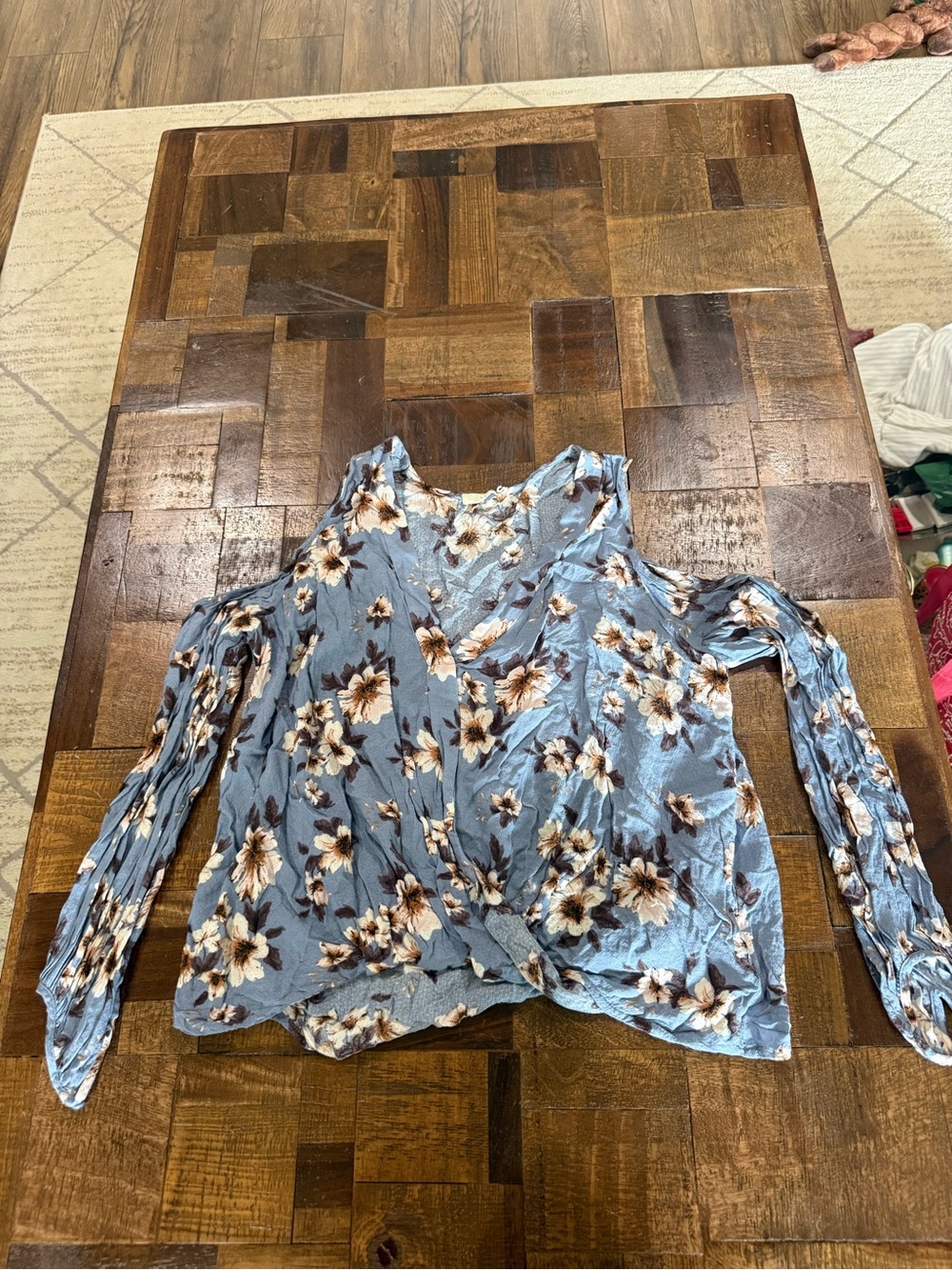 Lush Blue Floral Cold-Shoulder Twist Front Top
